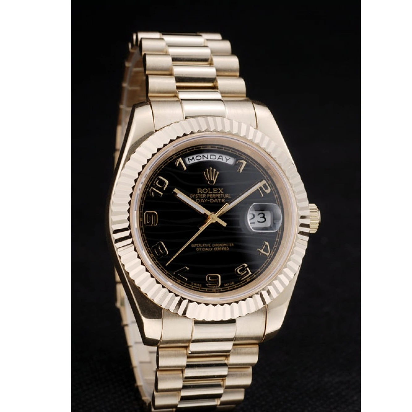 MiroTime 1024 Rolex Swiss DayDate Gold Stainless Steel Ribbed Bezel Black Dial 41998